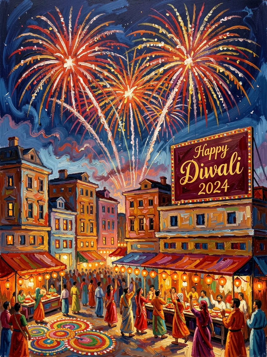 A grand Diwali fireworks display lighting up the night sky over a bustling city.