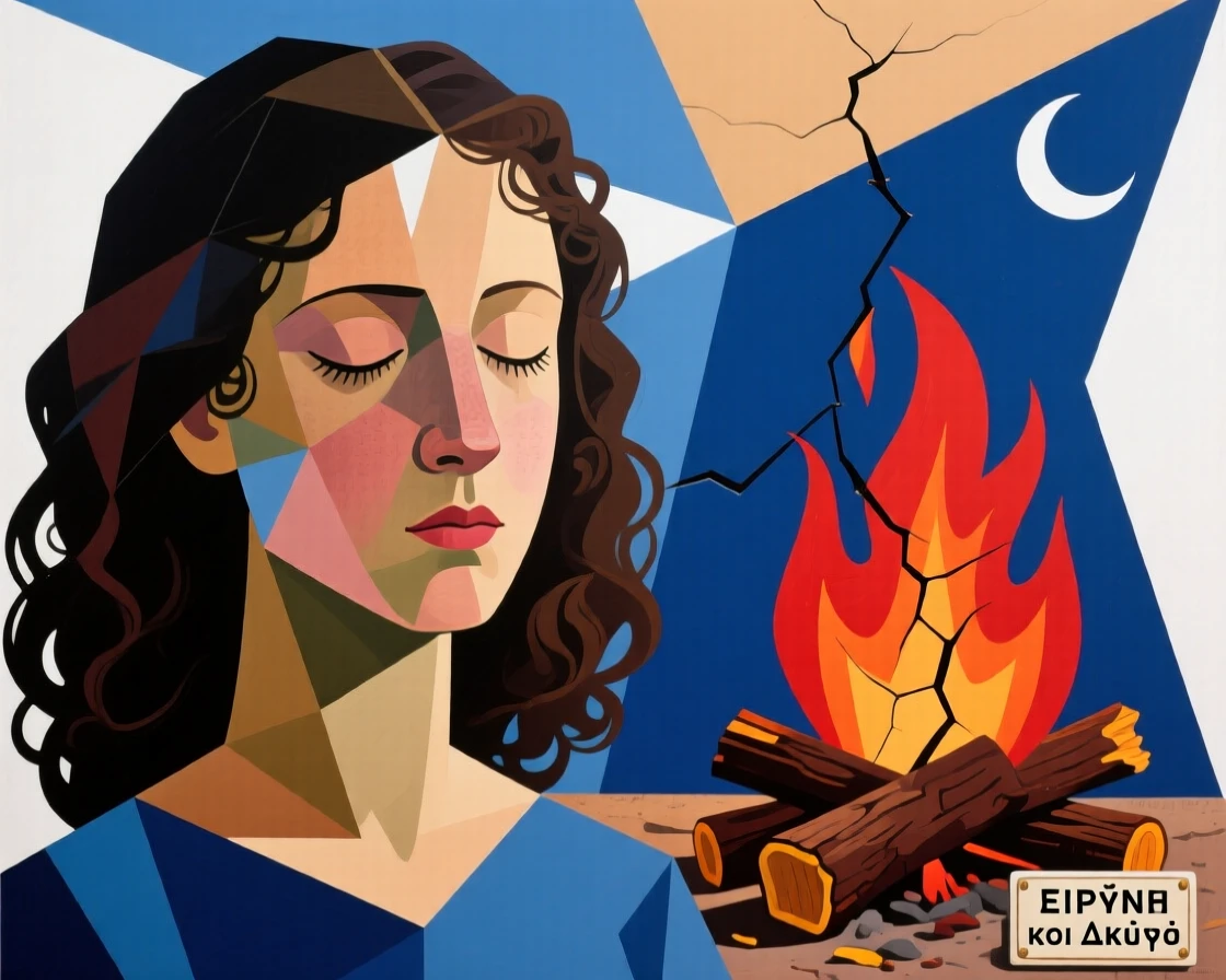 A close-up portrait of a teenage girl of Greek heritage, closing her eyes in peaceful meditation, beside a crackling hearth.
