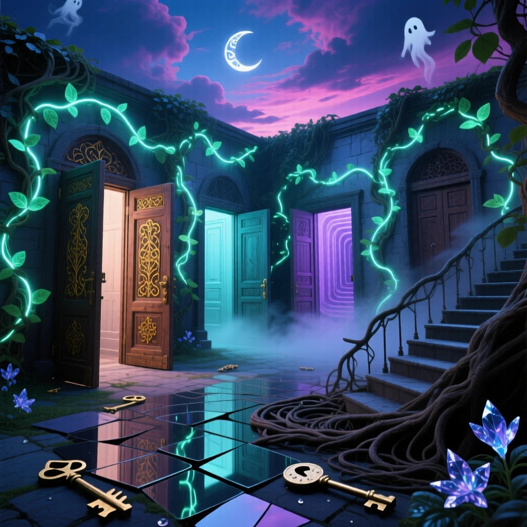 A courtyard where every door leads to another door is slowly swallowed by climbing vines of light, as roots and stairways tangle together at its base.