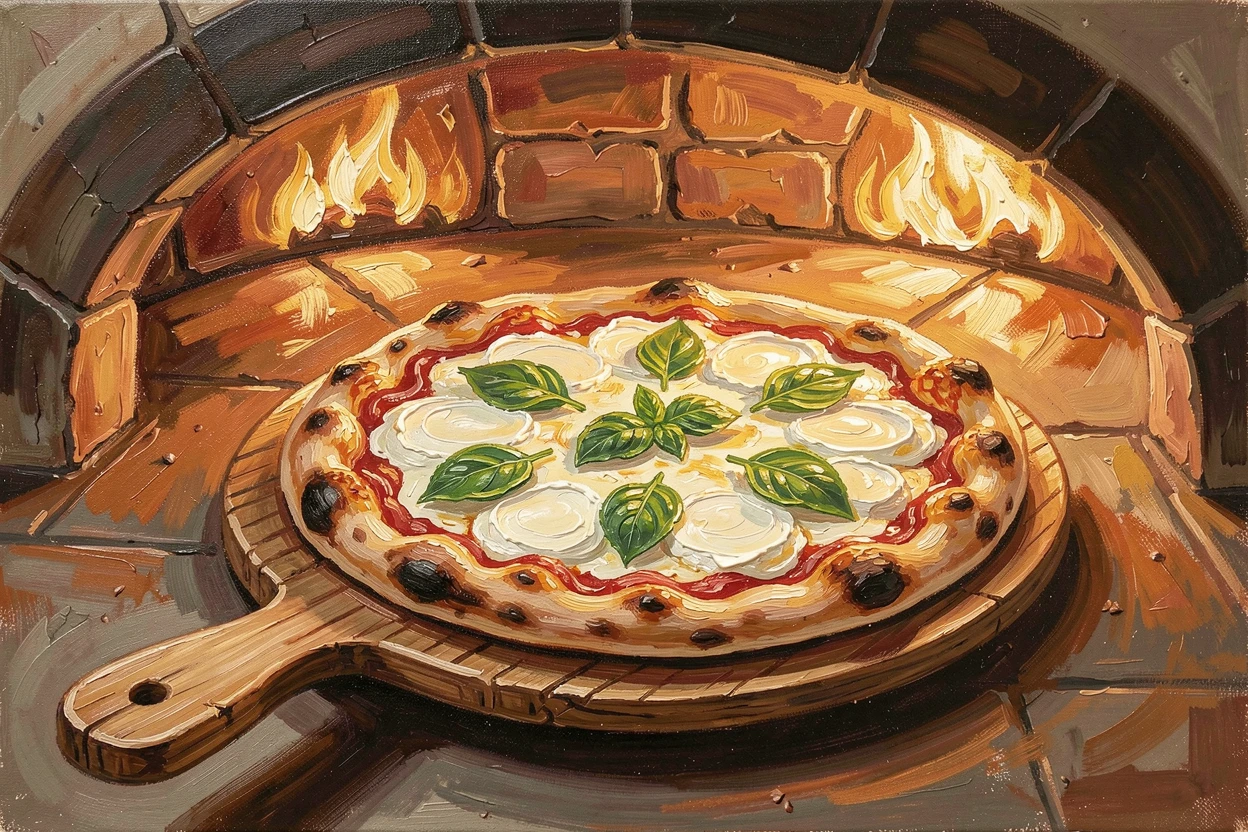 A rustic Italian pizza emerges from a wood-fired oven, bubbling mozzarella and fresh basil leaves glistening under the oven's warm glow, natural light gently highlighting the colors and shapes of the dish from above.