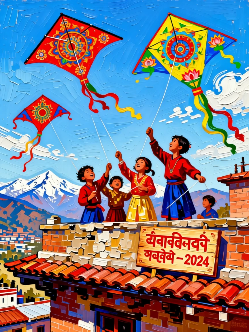 A group of Nepalese children flying colorful kites from a rooftop during a spring festival
