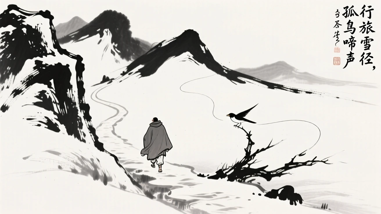 A lone traveler trudges through deep snow along a narrow mountain path, as a single bird calls out across the silent landscape.