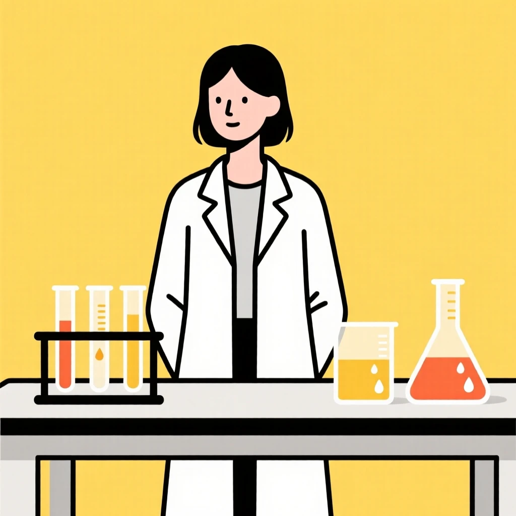 Illustration of a female scientist in a lab, conducting experiments with test tubes and beakers on a bright yellow background.