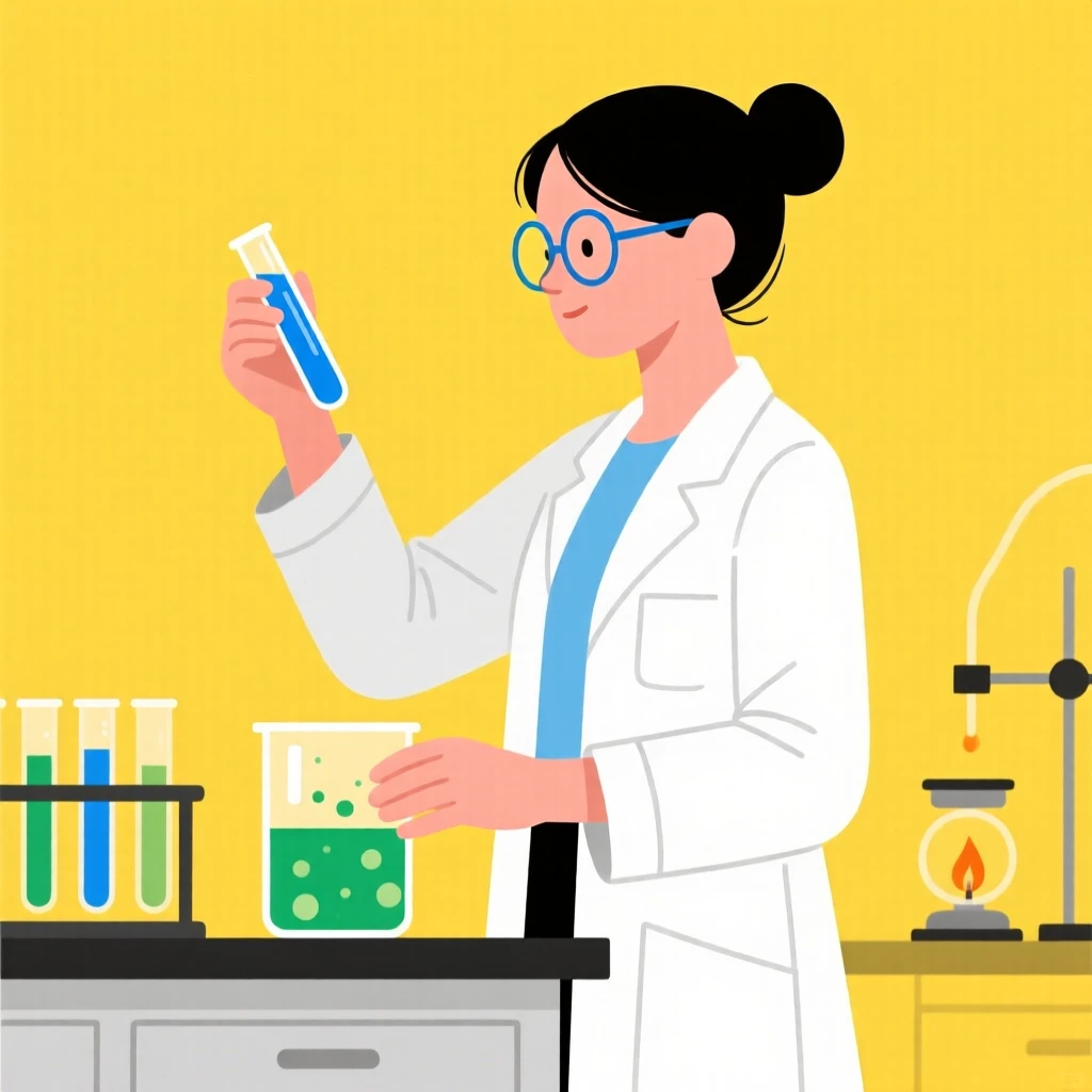 Illustration of a female scientist in a lab, conducting experiments with test tubes and beakers on a bright yellow background.