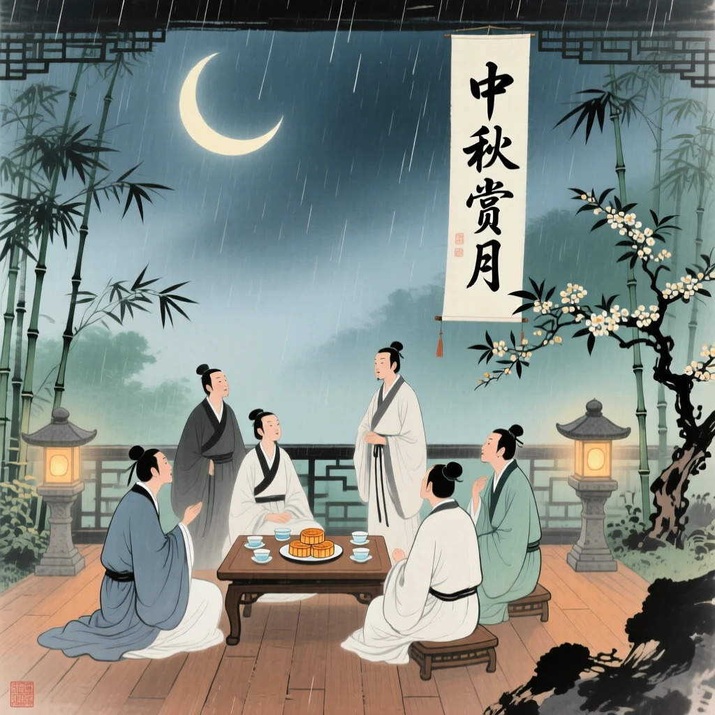 A moon viewing gathering on a garden terrace during the mid autumn festival, beneath a crescent moon, in a gentle drizzle.