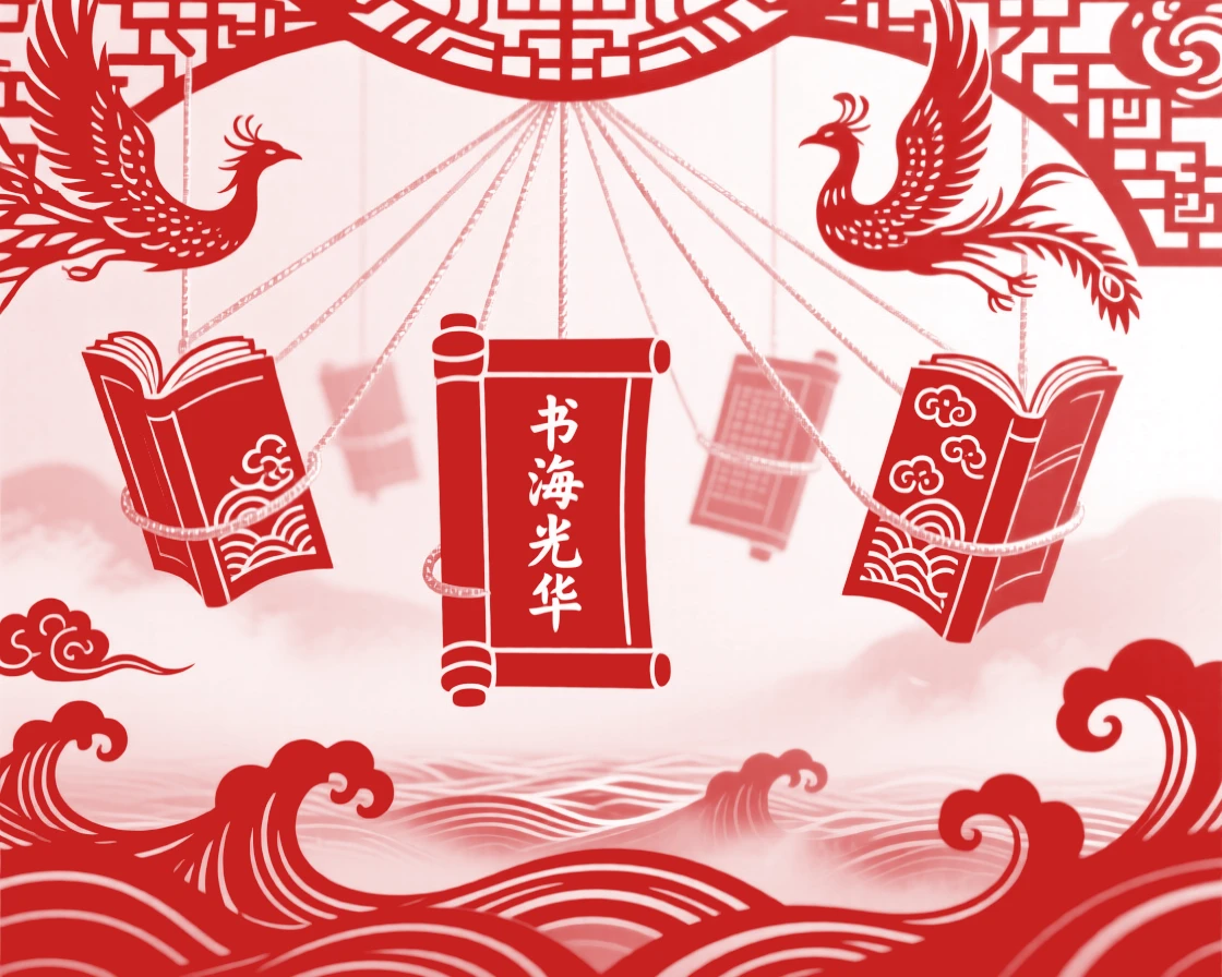 A floating library of scrolls suspended by threads of silver light above a sea of mist