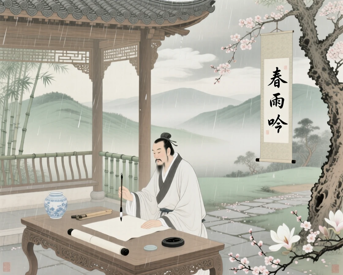 A poet composing verses beneath a pavilion during a spring rain, as morning mist clings to the surrounding hills