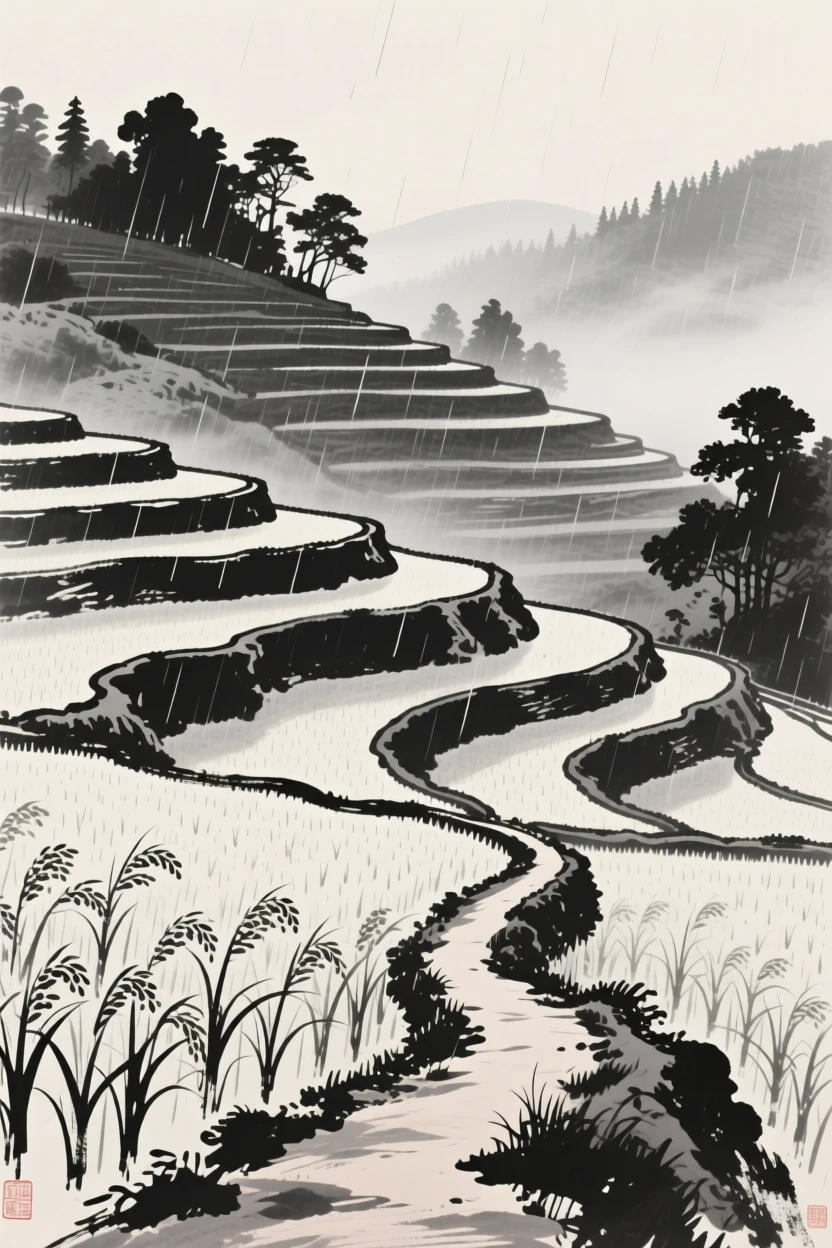 A field of rice terraces climbing a gentle hillside while a light rain blurs the distant tree line, captured from a narrow path winding into the depth of the scene, carrying a feeling of timeless peace and stillness.