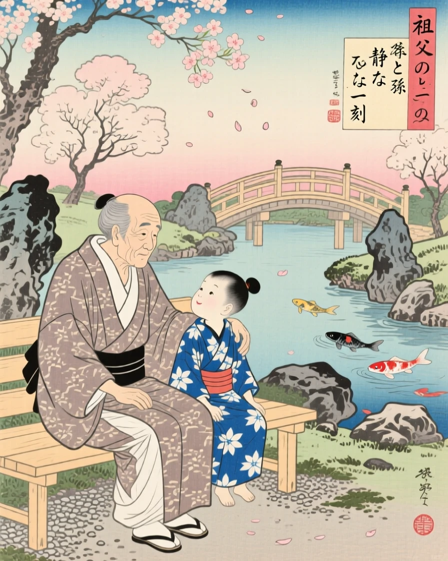 A grandfather and grandson sharing a quiet moment on a garden bench.