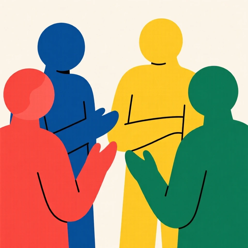 Minimalist illustration of four people in discussion, featuring bold colors and abstract shapes, conveying collaboration.