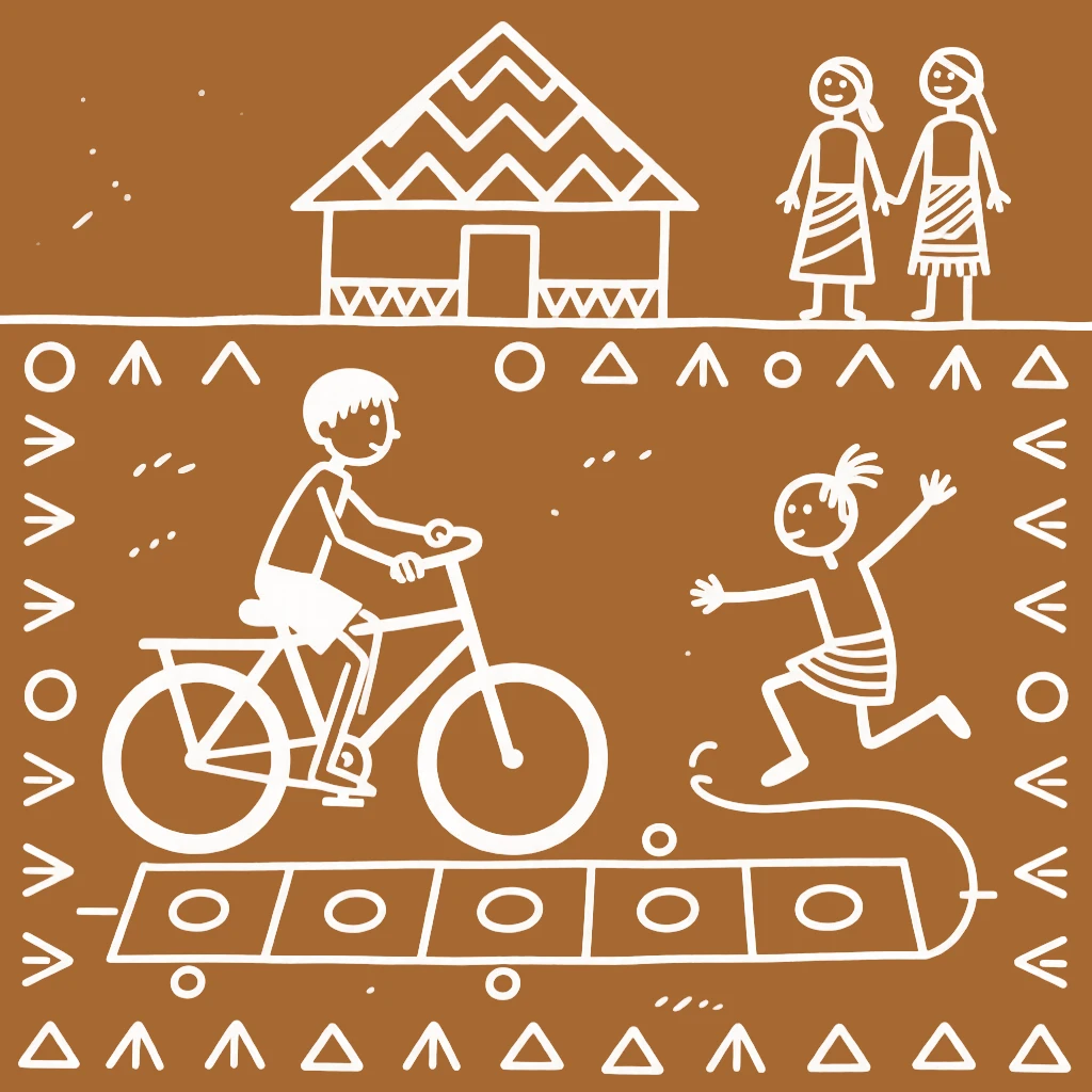A young boy learning to ride a bicycle playing a traditional hopping game.
