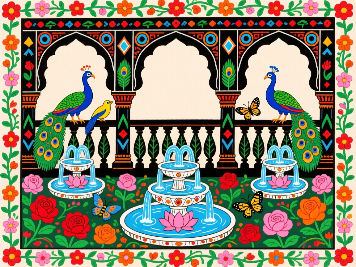 A palace balcony overlooking gardens filled with fountains and roses.