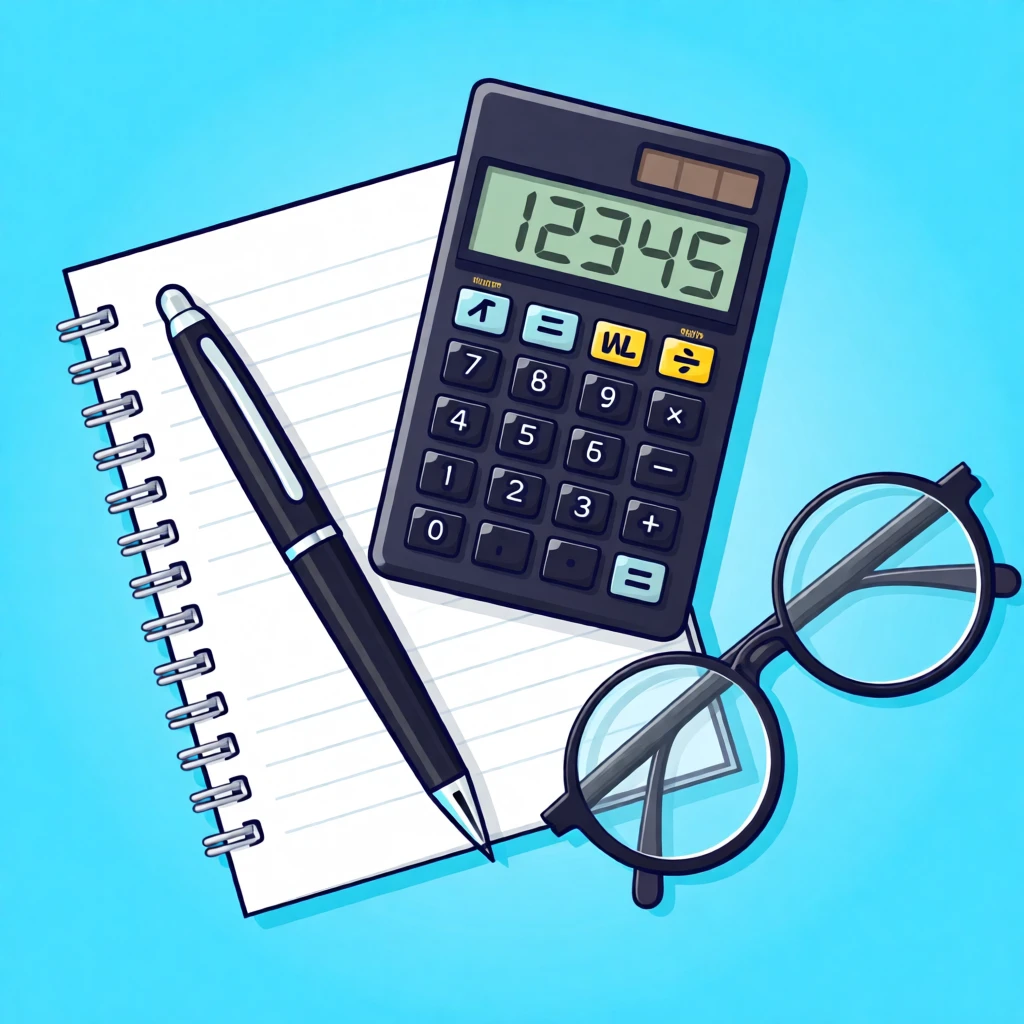 Bright illustration of school supplies like a calculator, notebook, pen, and glasses on a light blue background.