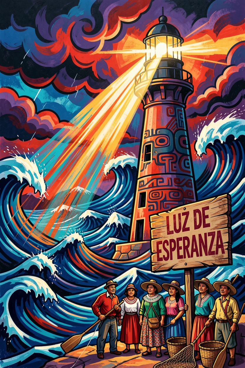 A stormy lighthouse beam cutting through crashing waves
