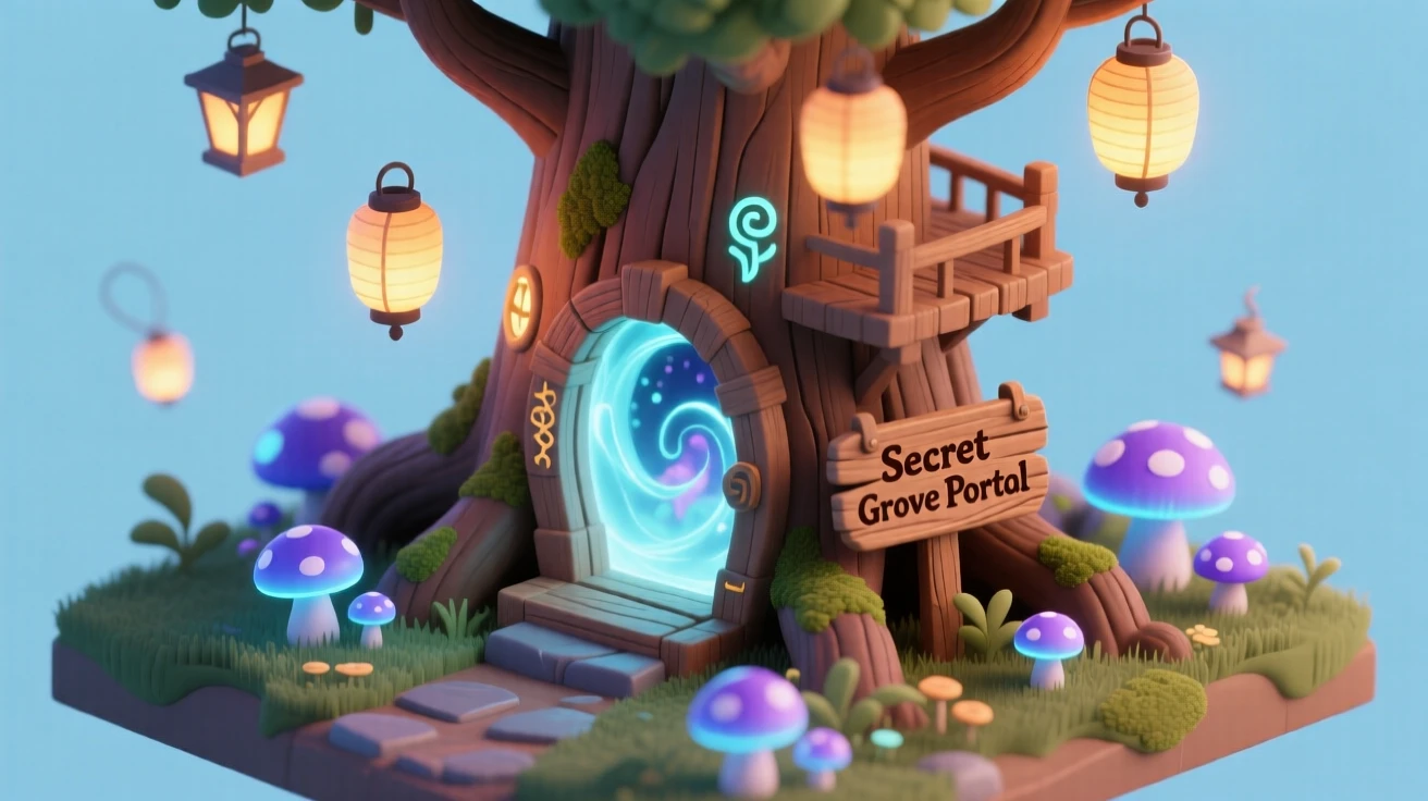 A magical treehouse portal opening to reveal a hidden world of floating lanterns and glowing mushrooms.