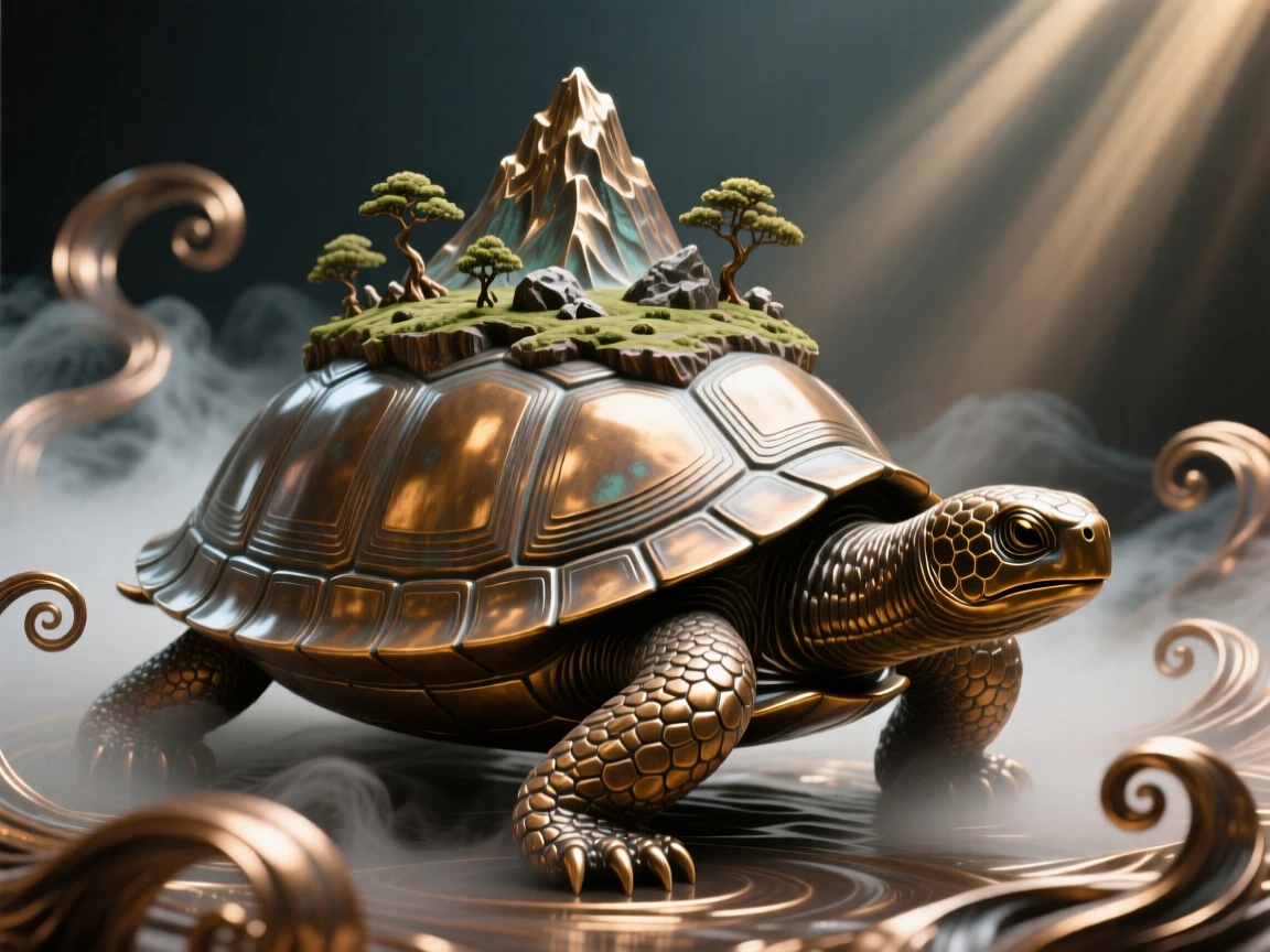 A giant turtle carrying an island upon its back, surrounded by swirling mist and light, radiating awe and grandeur