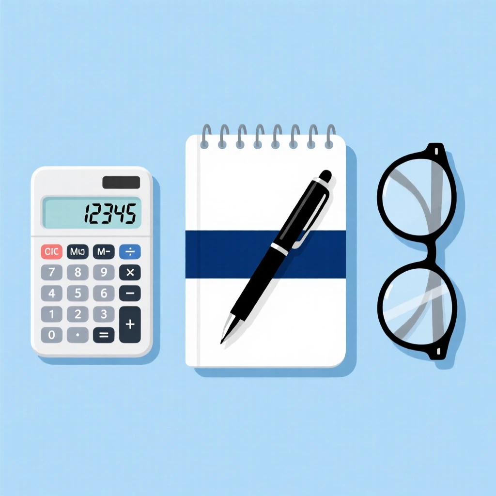 Bright illustration of school supplies like a calculator, notebook, pen, and glasses on a light blue background.