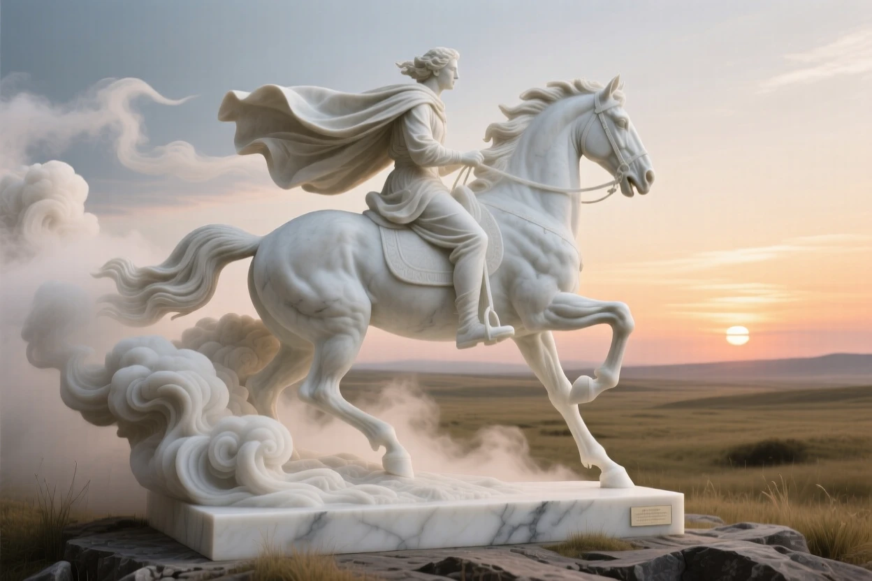 A beautifully composed image of a rider galloping across an open plain at sunset, amid swirling clouds and mist, full of atmosphere and visual storytelling