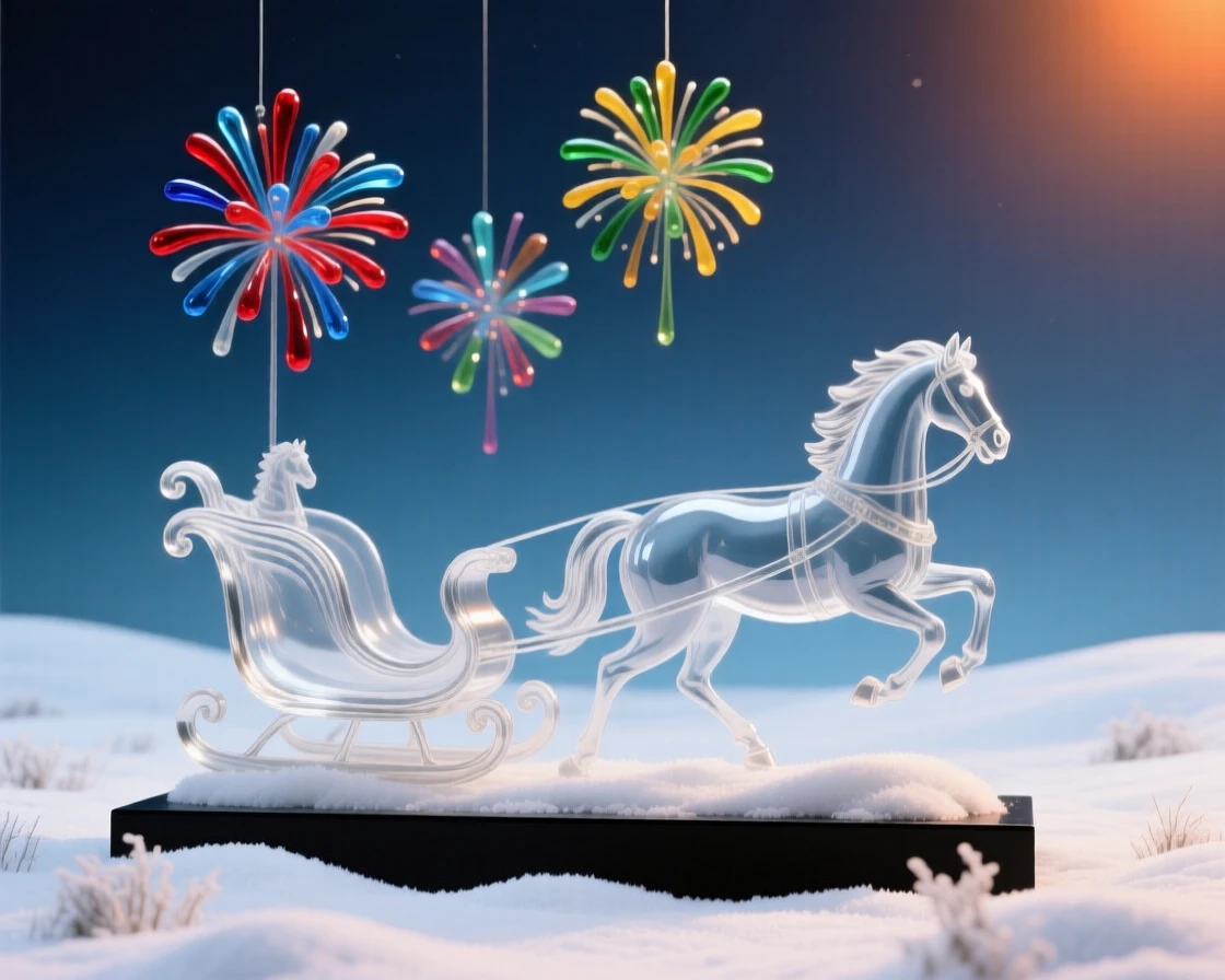 A horse-drawn sleigh gliding across a snow-covered field with fireworks lighting up the summer sky