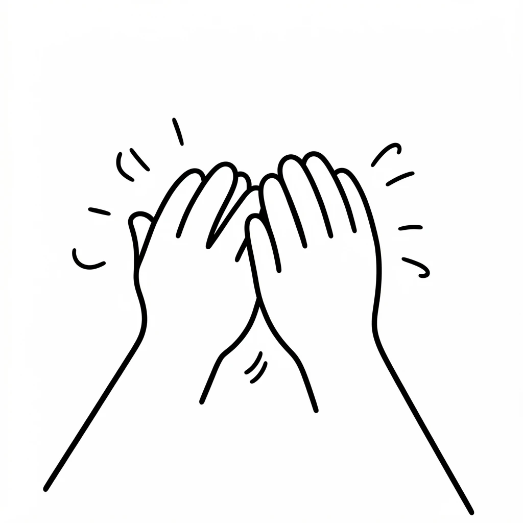 Minimalist black-and-white illustration of clapping hands, symbolizing applause or appreciation, with clean lines and a simple design.