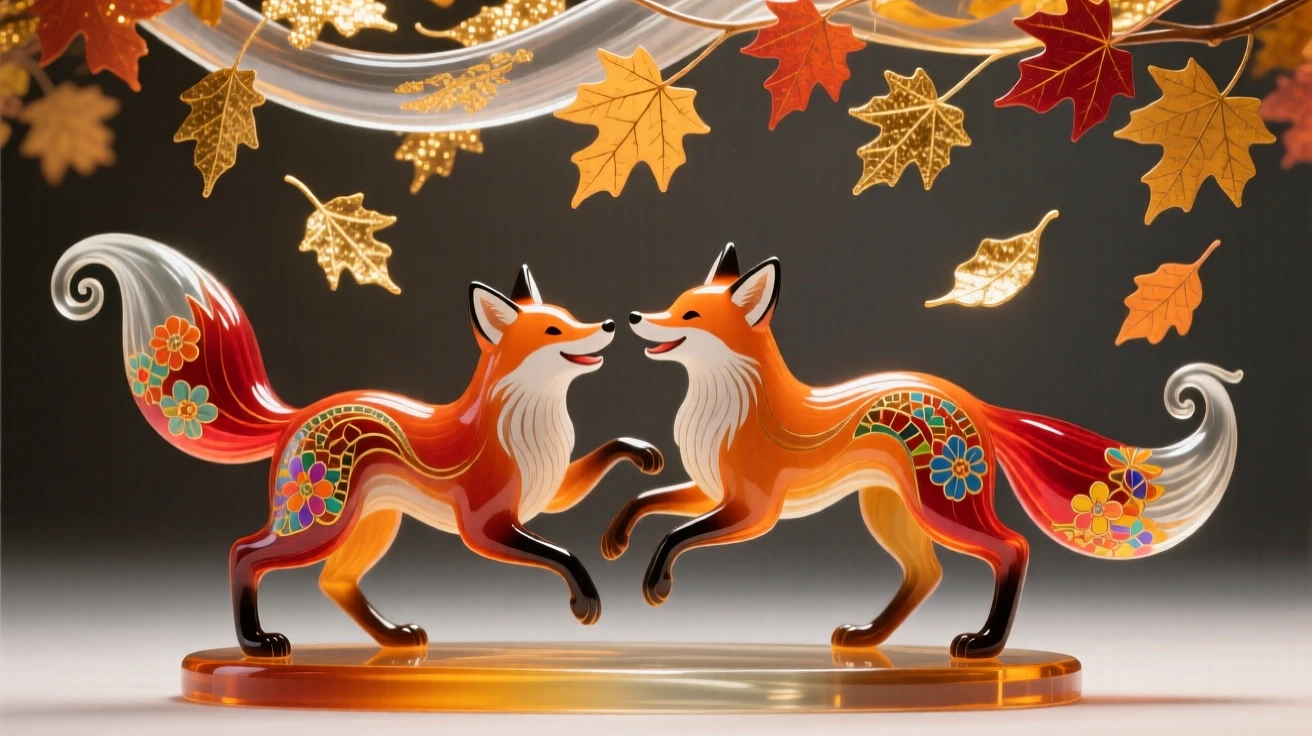 A pair of foxes playing together beneath a canopy of falling autumn leaves, playful and warm.