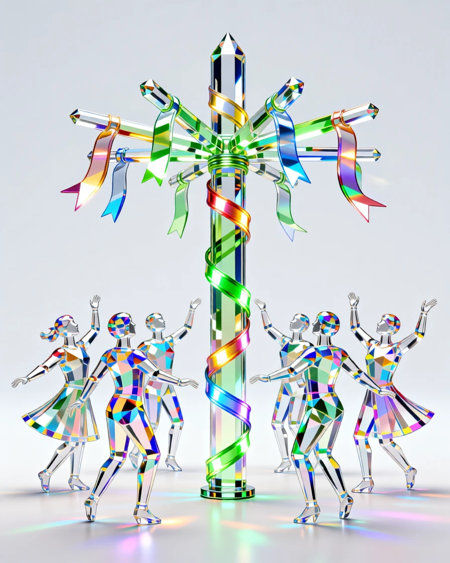 A springtime May Day celebration with a ribbon-wrapped maypole.