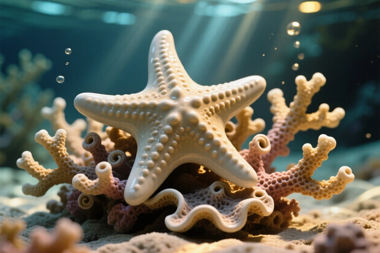 A starfish resting on a bed of coral curled gracefully around swaying coral, with sunlight filtering down in golden shafts, radiating playful, gentle joy.