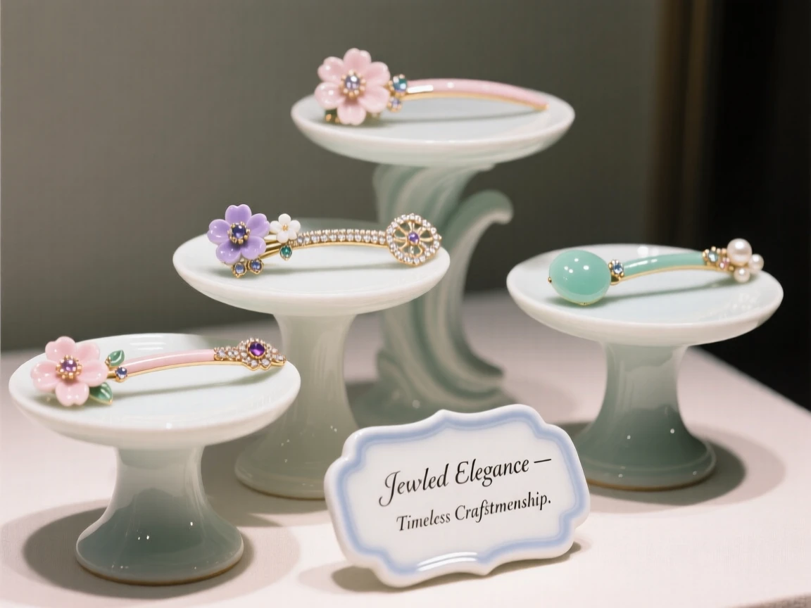 A collection of jeweled hairpins arranged on tiered display stands, softly lit to highlight fine detail.