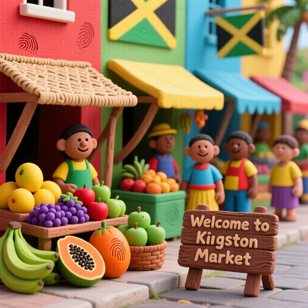 A colorful Jamaican street market bursting with tropical fruit stalls