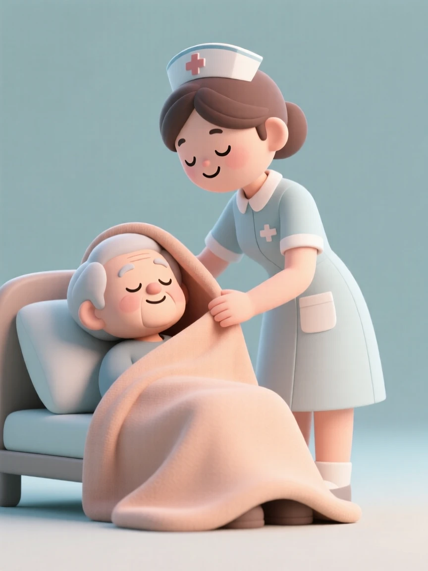 A gentle hospice nurse tucks a warm blanket around an elderly patient, smiling gently at their side.