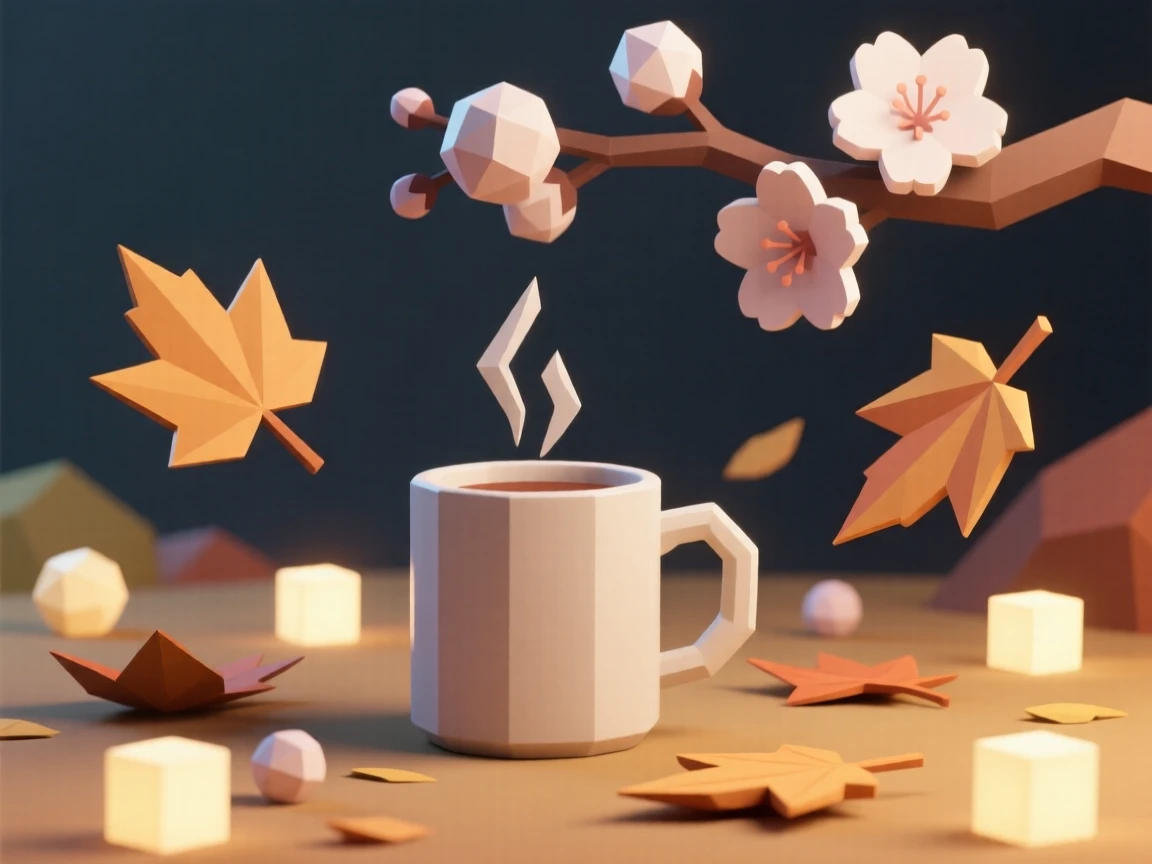 A cozy autumn scene with a steaming mug and falling leaves, beneath blooming cherry blossoms. warm glowing lights create a festive ambiance. There is a joyful, festive energy in the air.