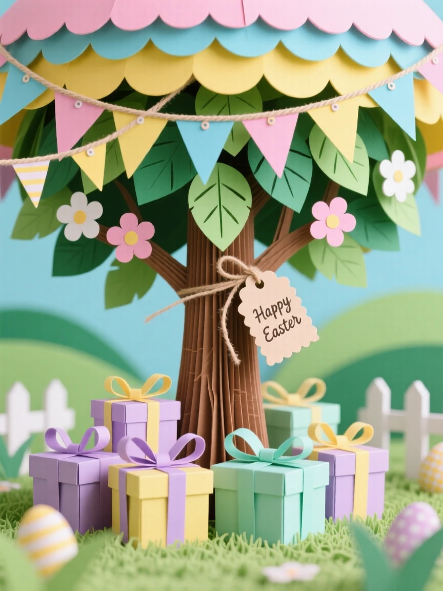 A joyful Easter garden scene set beneath a canopy of colorful decorations, with gifts wrapped neatly beneath a tree, capturing cherished holiday tradition.