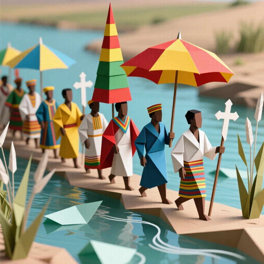 A Ethiopian Timkat celebration scene with a colorful procession beside a river.
