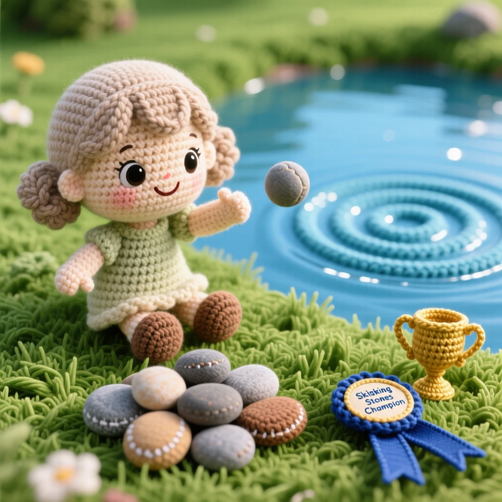 a little girl learning to skip stones across a lake, with a small pile of flat pebbles, is captured counting the ripples of each throw in a grassy field perfect for outdoor play beside a small trophy or ribbon nearby, showing cheerful curiosity and hands-on delight.