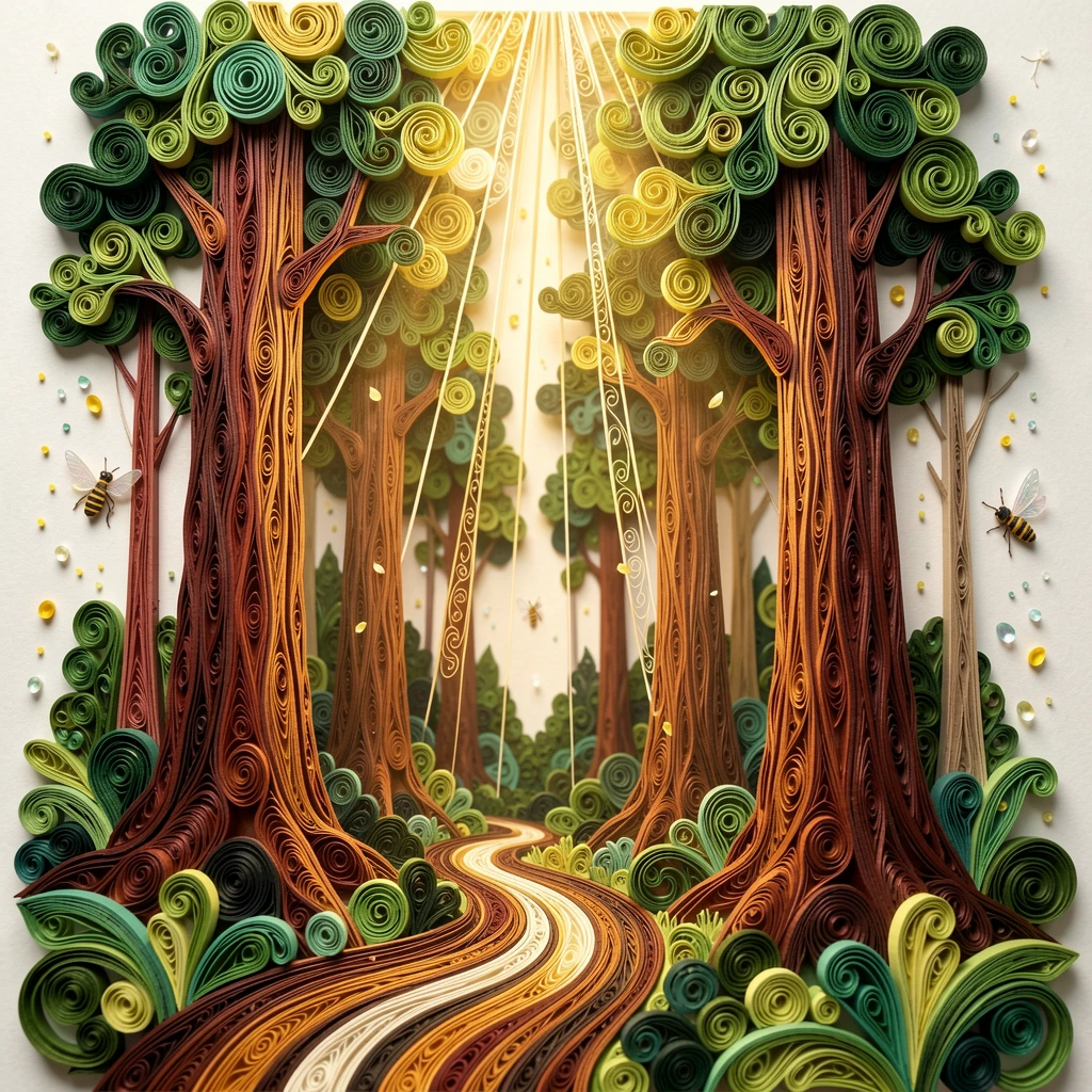 a towering redwood forest with sunbeams breaking through, along a winding forest path, framed by soft out-of-focus greenery, surrounded by drifting pollen and tiny insects.