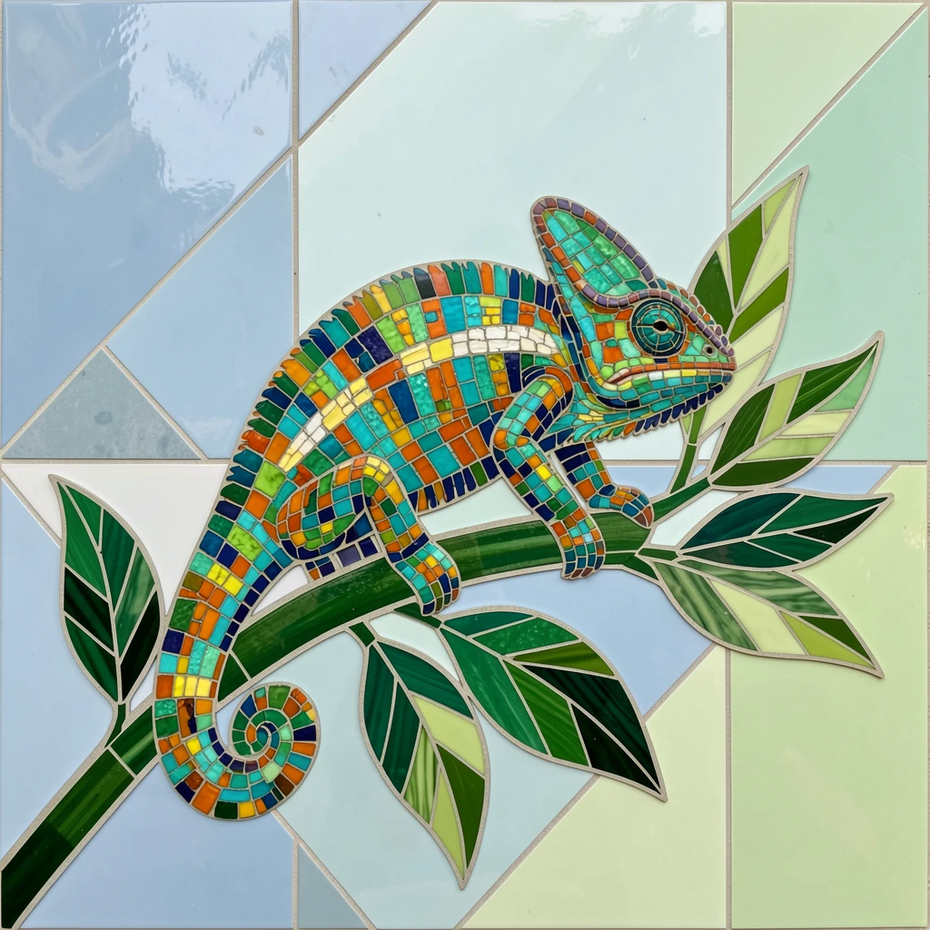 A colorful chameleon perched on a leafy green branch.