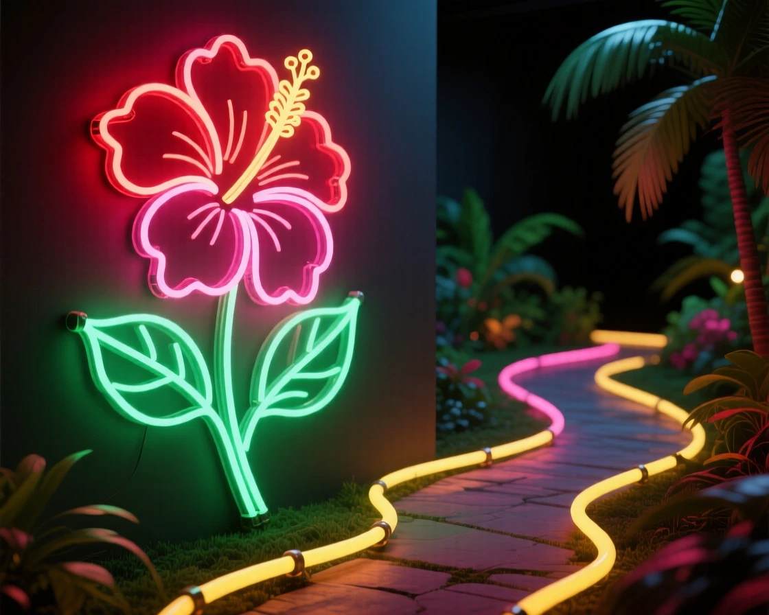 A single hibiscus flower blooming beside a tropical garden path.