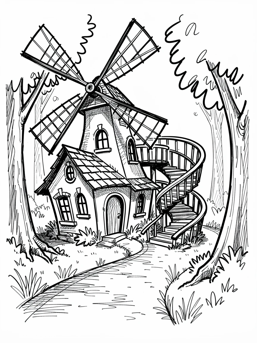 A windmill cottage with a spiral staircase beside a winding forest path.