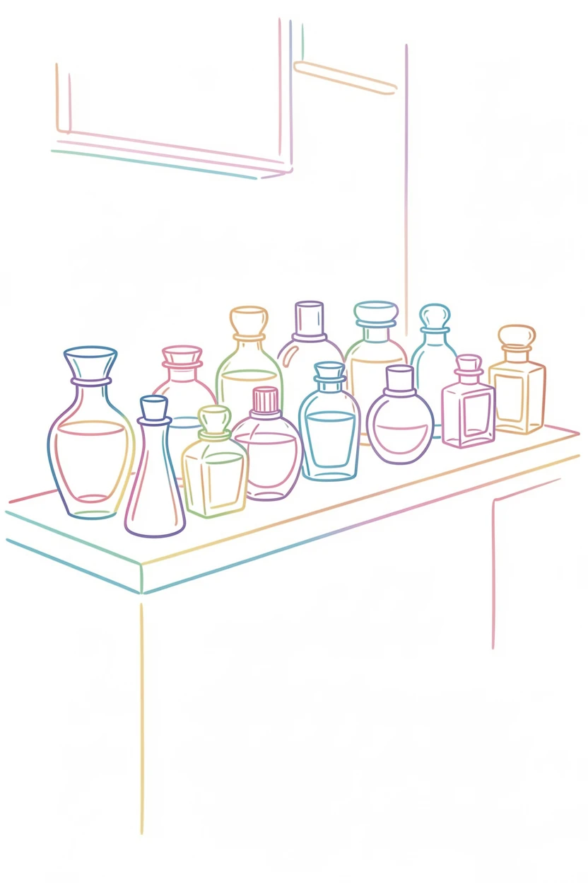 A quiet perfumery counter lined with elegant glass bottles.
