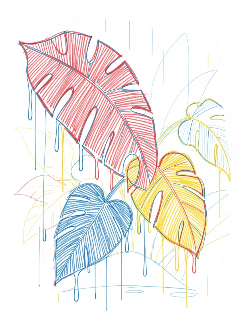A humid summer jungle with rain dripping steadily from broad leaves