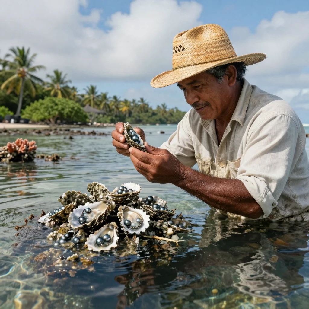 A Tahitian pearl farmer inspecting oysters in lagoon waters