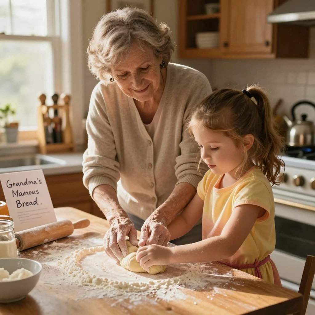 A grandmother teaches her young granddaughter how to knead dough on a flour-dusted kitchen counter.
