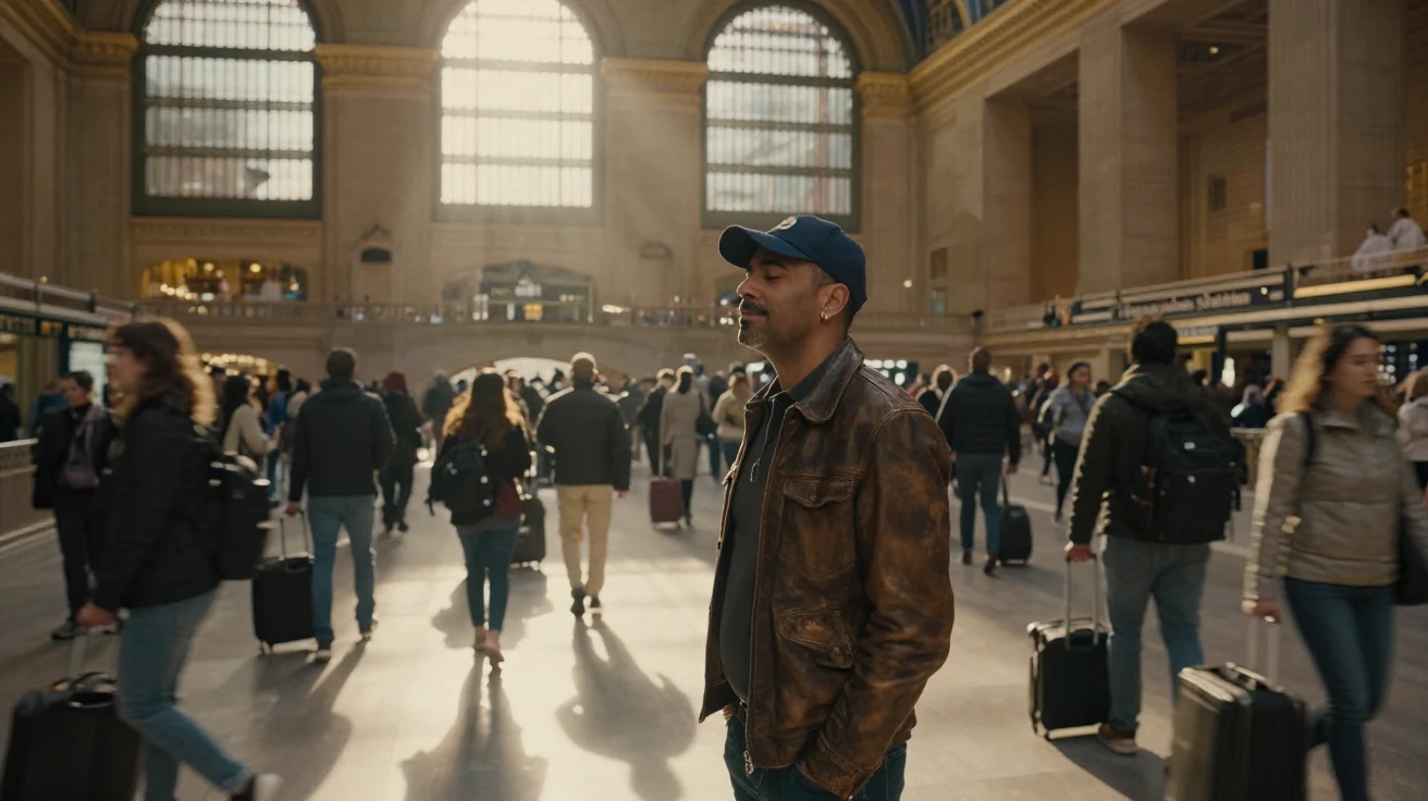 A lonely commuter sharing a quiet moment of gratitude in a crowded train station