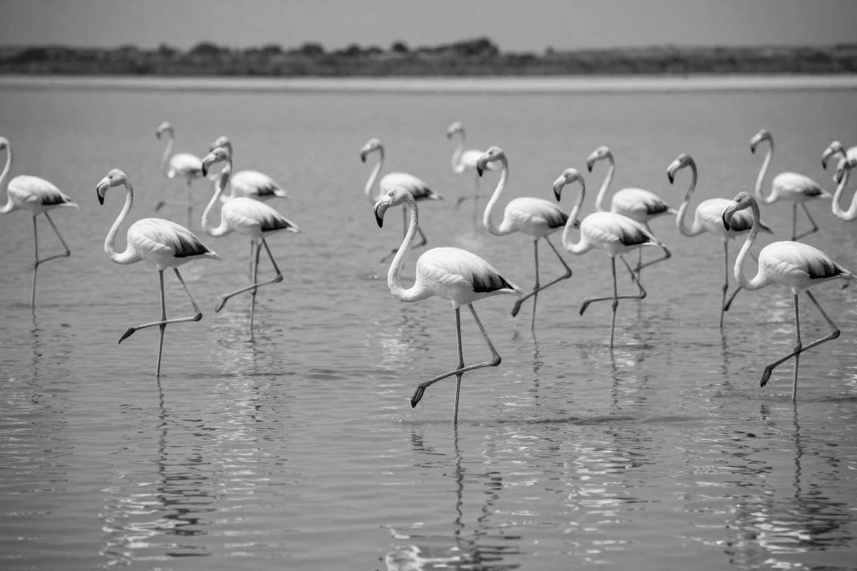 A flock of flamingos wades through shallow pink waters across a shallow salt lake.