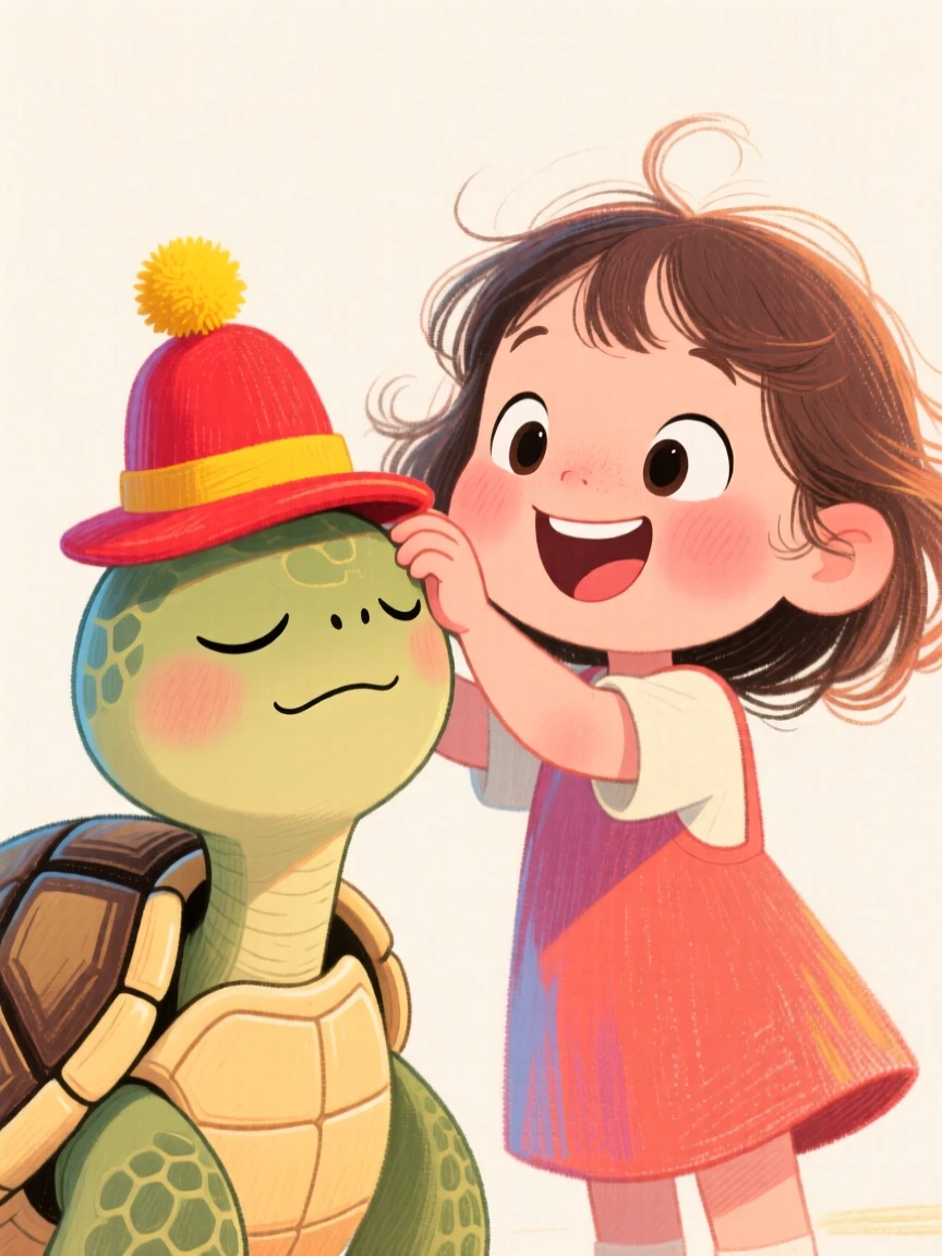 A little girl giving her turtle a tiny hat to wear, turtle unbothered.