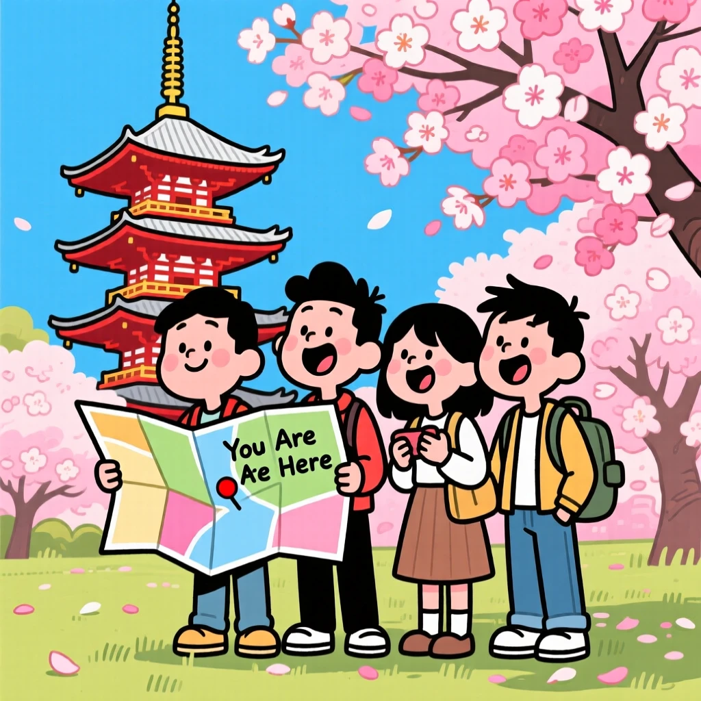 An iconic travel scene featuring a group of friends admiring cherry blossoms near a Japanese pagoda, with a map slightly askew in hand.