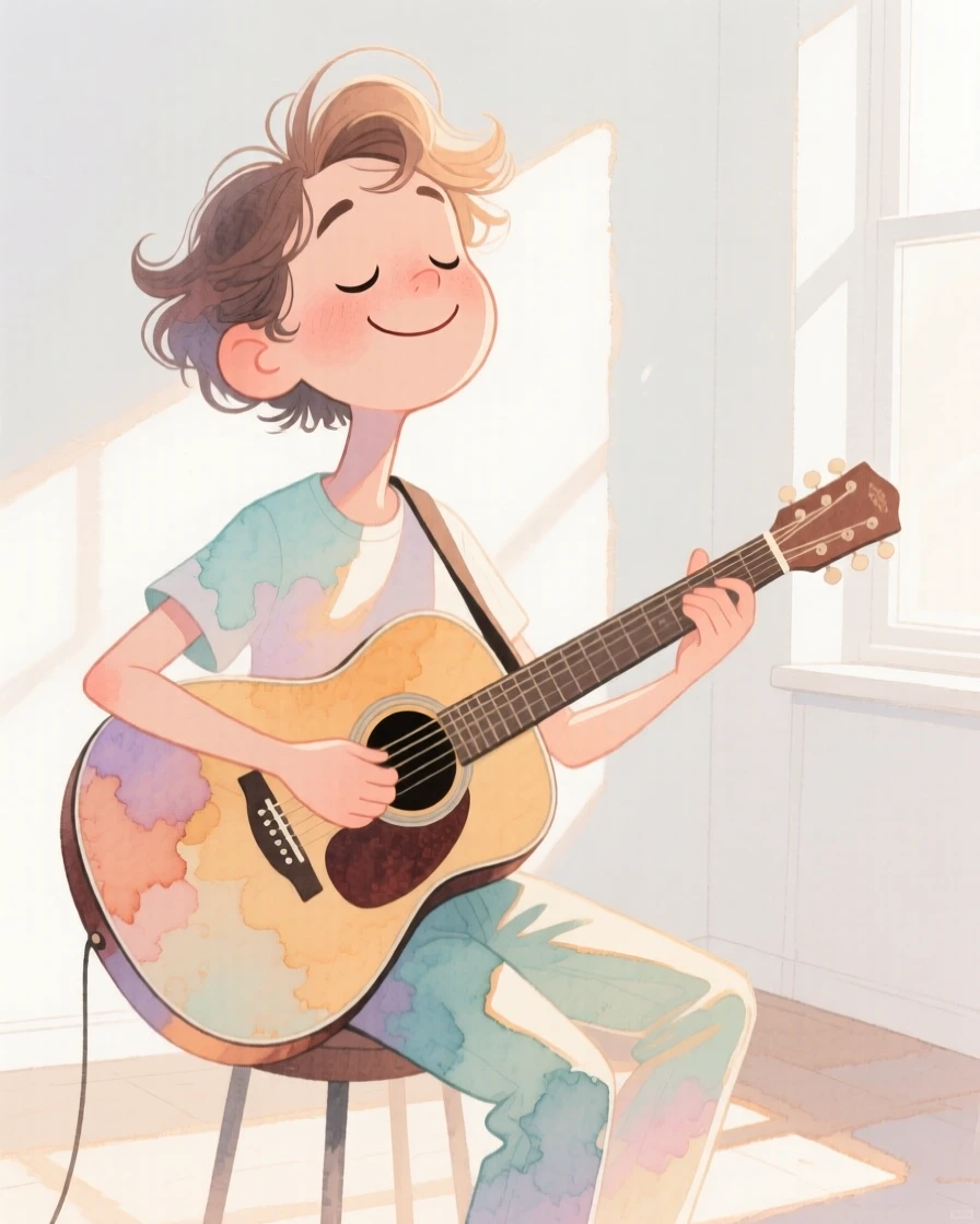 A guitarist holding a peaceful pose in a sunlit studio