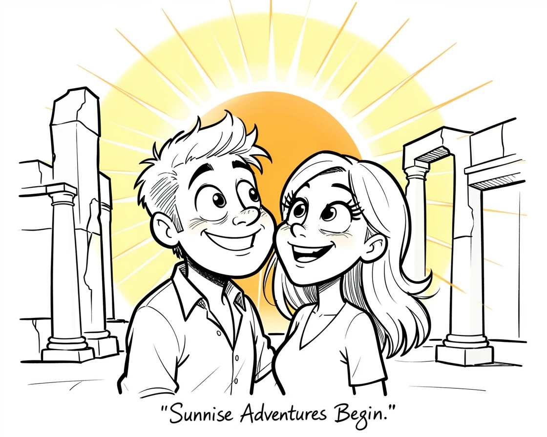 [Travel & Cultural Experiences] Vivid travel scene of a wide-eyed honeymoon couple watching a sunrise over ancient ruins, full of wonder and adventure