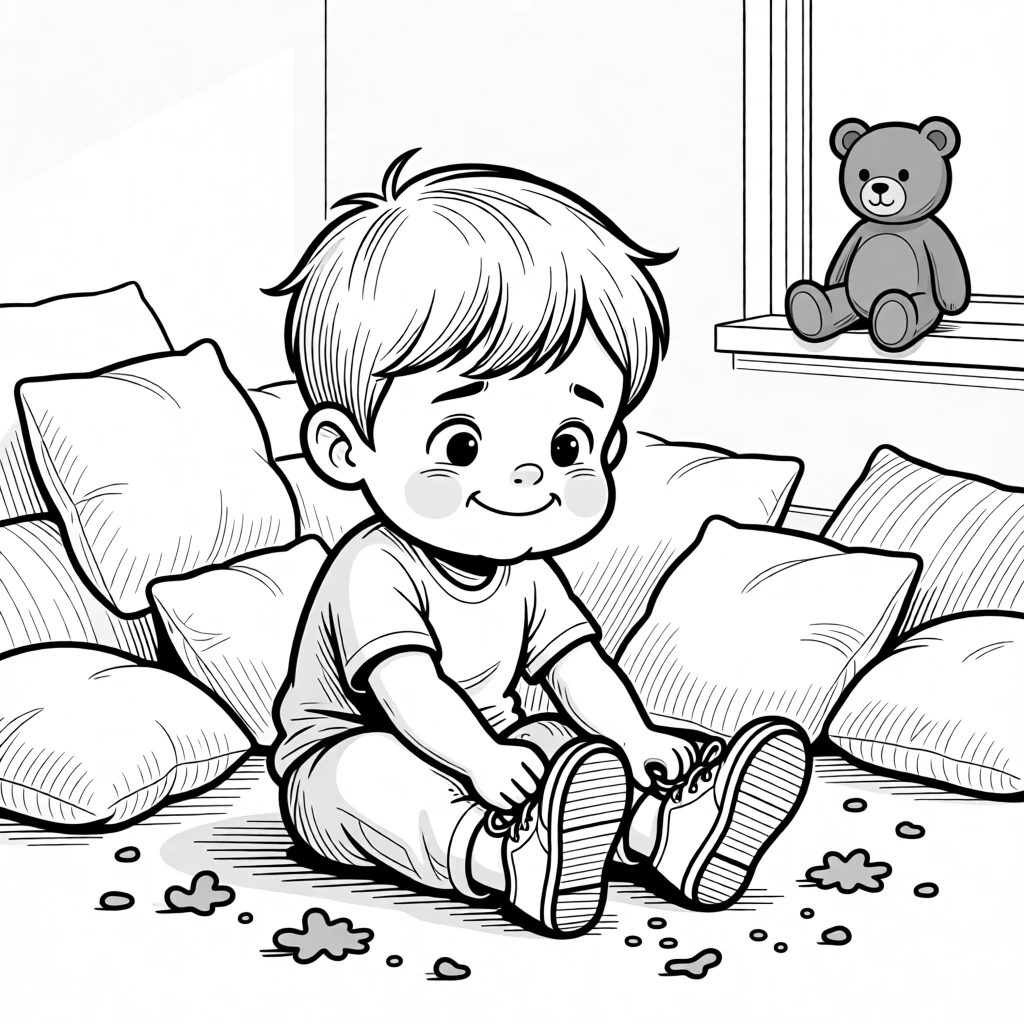 A toddler determined to put shoes on the wrong feet, grinning guiltily with crumbs scattered everywhere, set in a bedroom buried under couch cushions. A stuffed bear watches from a nearby windowsill. It's a burst of pure, unfiltered childhood joy.