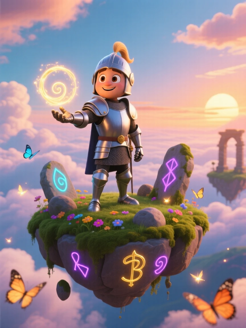 A knight in silver armor stands atop a floating island surrounded by clouds, casting a gentle spell of light. A gentle sense of wonder radiates through the air, with glowing runes pulsing gently in the background.
